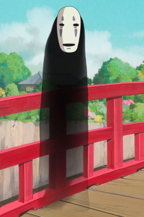 A translucent black figure seems to float on a wooden bridge with a red rail. The figure wears a white mask with a slit where the mouth and eyes should be with purple stripes of paint above and below the eyes.