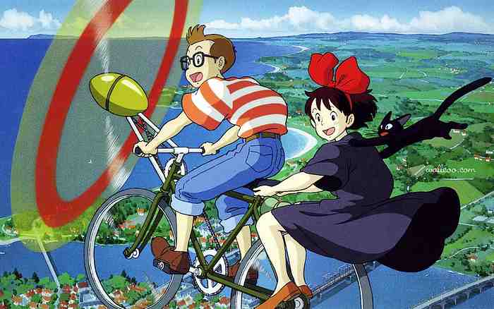 A young man in a red and white stripped shirt and blue jeans riding tandum on his flying machine with a young witch in a black dress and large red hairbow.