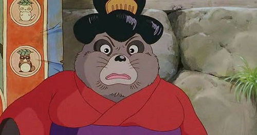 A matronly tanuki with a red kimono and hair pulled back ceremoniously scoffs at her crew.