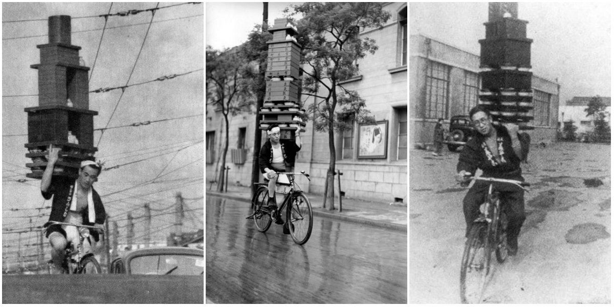 men deliver bowls and trays of soba stacked atop their backs across town via bicycle.