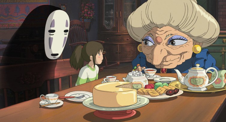 At a long wooden table with modest treats fit for "tea time", sits a black figure with no face, a small girl in a green and white shirt and an kind, elderly crone with a long nose and thick blue eyeshadow.